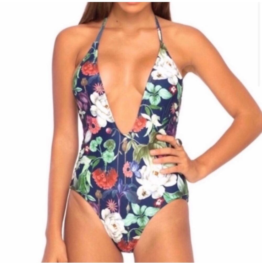 $80 NWT Motel sunny day botanical navy deep V one piece swimsuit sz M